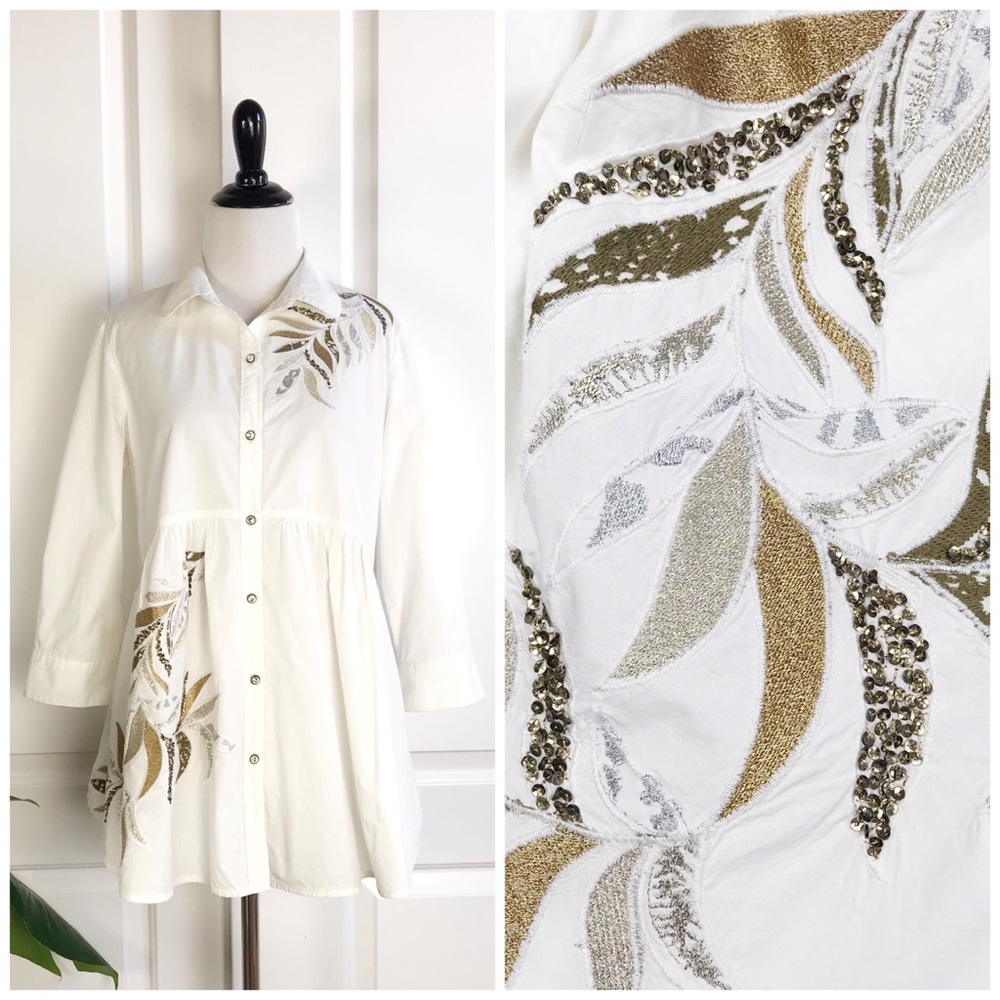 Anthropologie Embroidered White Button Down Shirt